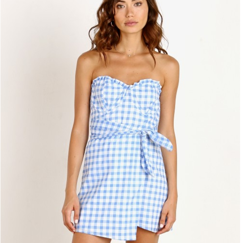 For Love & Lemons Blue And White Gingham Strapless Mini Dress